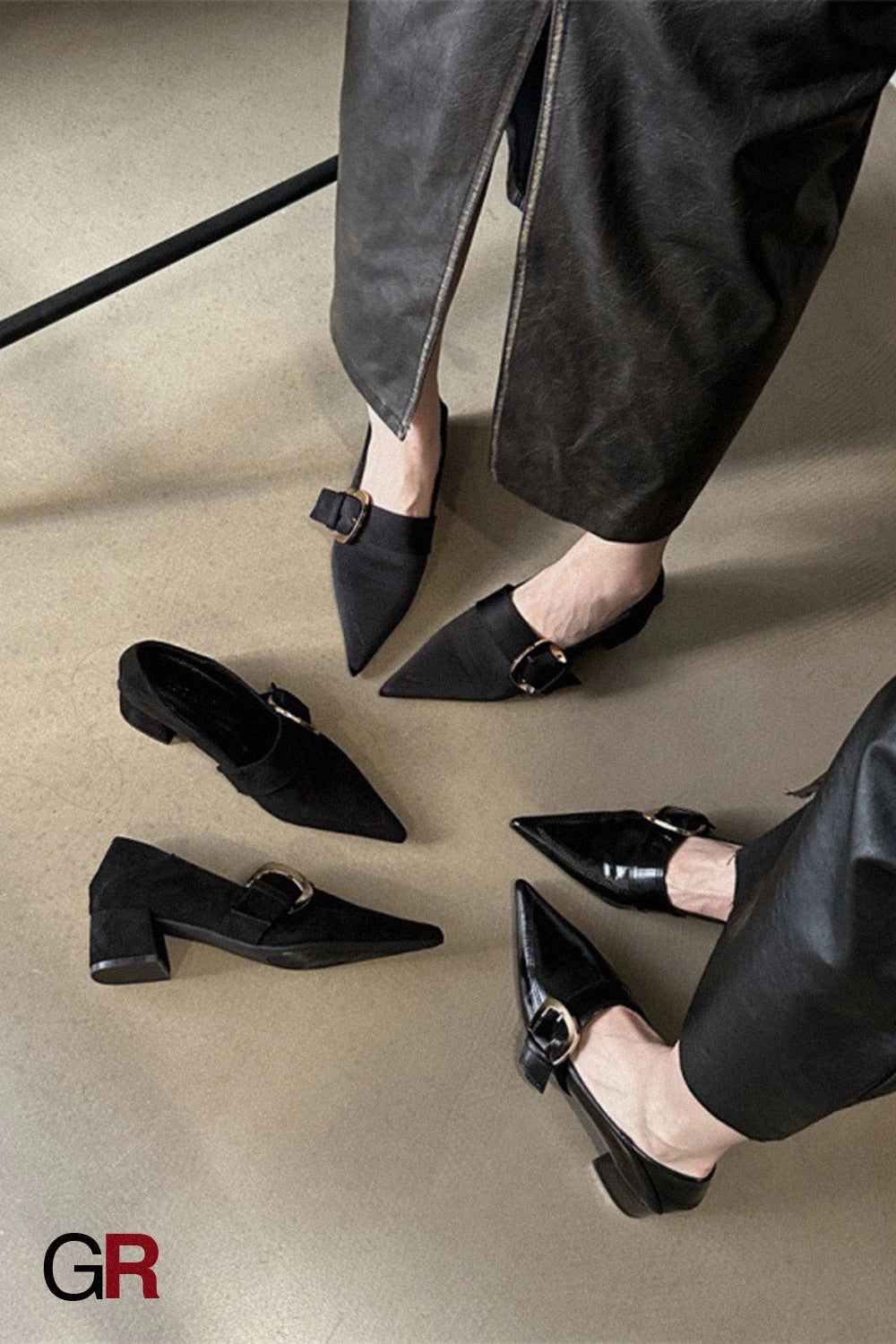 Chunky Heel Mid Heel Belt Buckle Black Leather Shoes