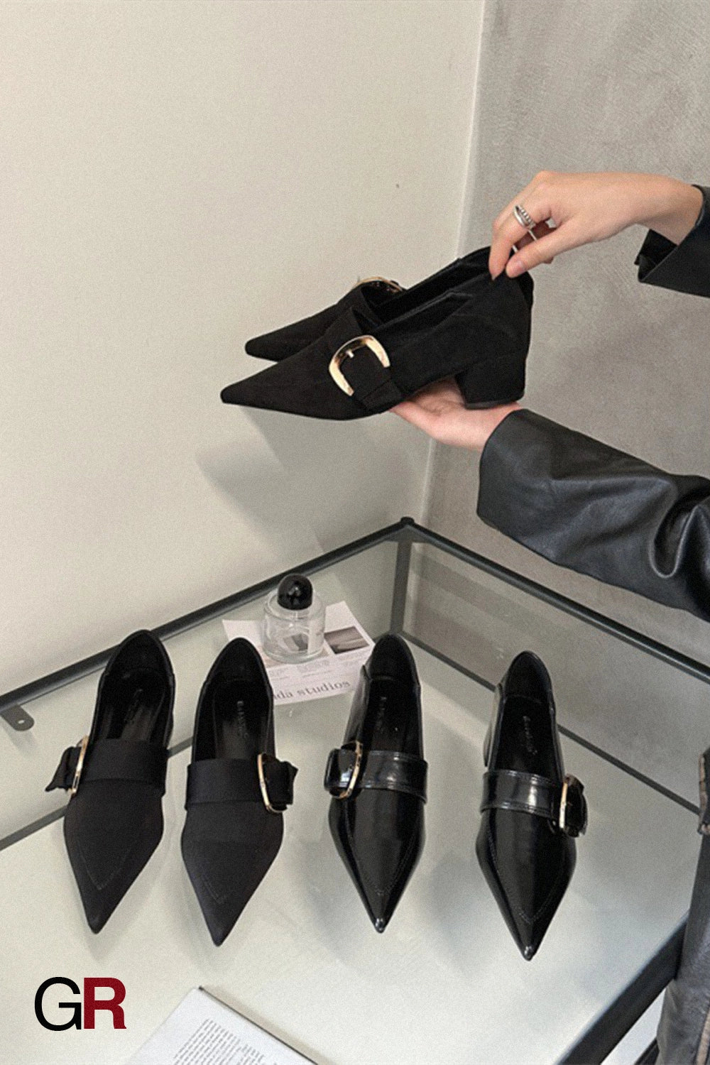 Chunky Heel Mid Heel Belt Buckle Black Leather Shoes