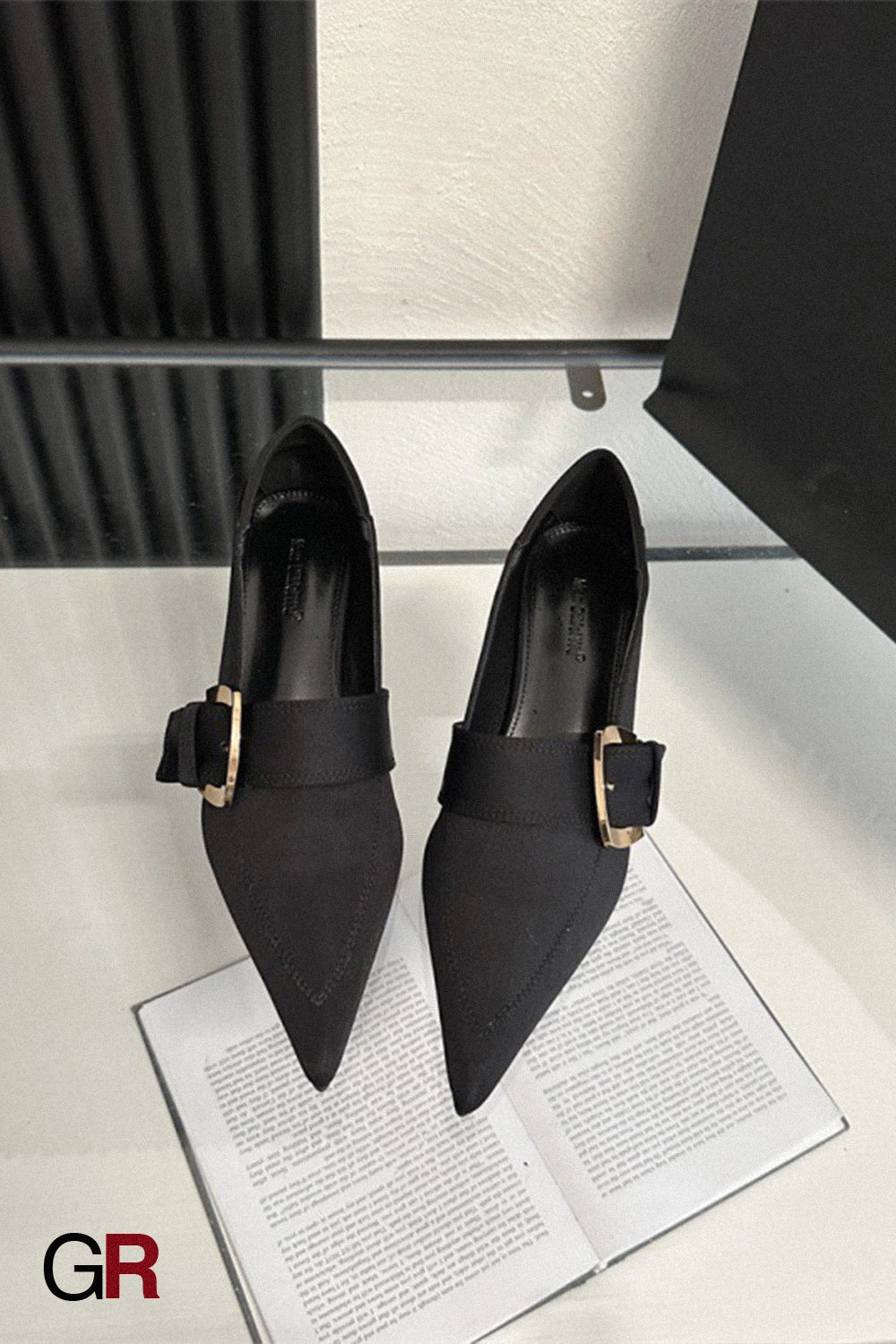 Chunky Heel Mid Heel Belt Buckle Black Leather Shoes