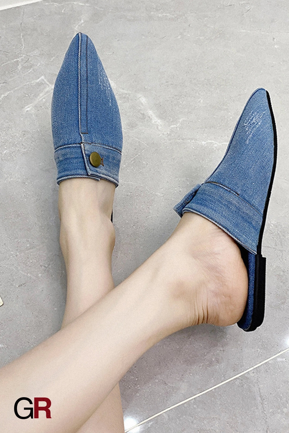 European And American Washed Denim Flat Closed Toe Slippers Women