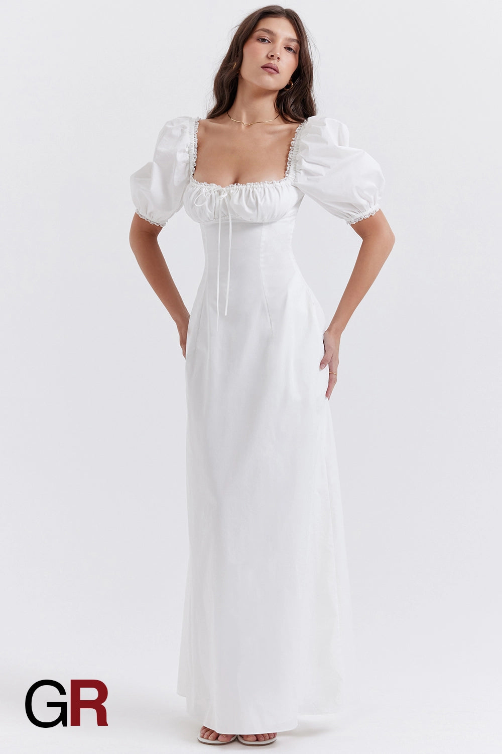 Printed Bubble Sleeve Zipper White Dress - GlamoROZ
