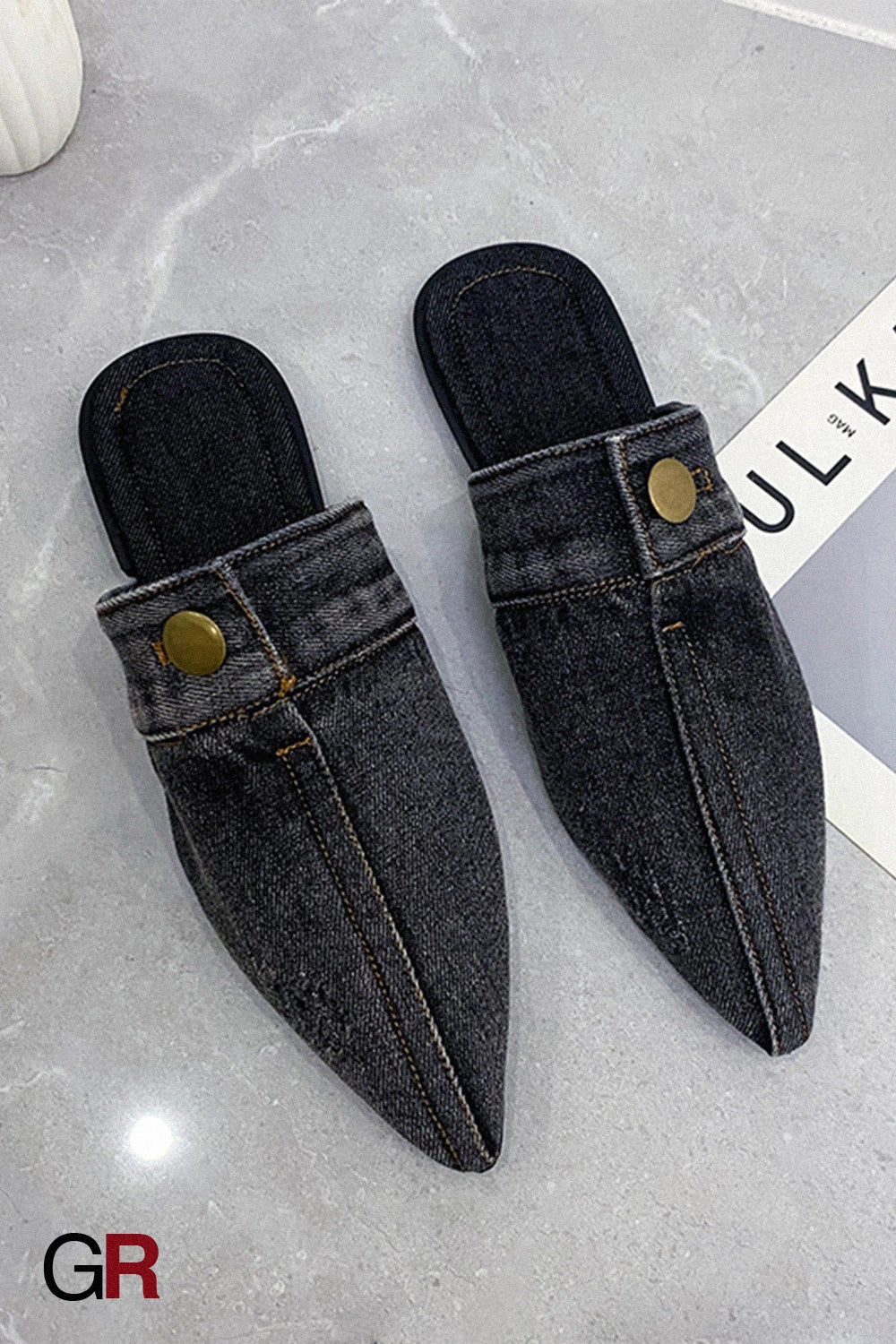 European And American Washed Denim Flat Closed Toe Slippers Women