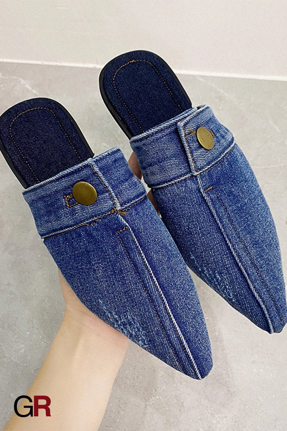 European And American Washed Denim Flat Closed Toe Slippers Women