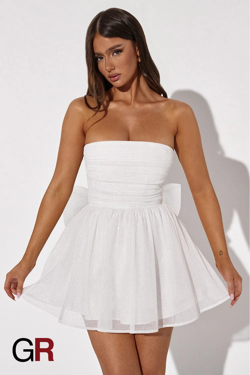 White Lace Tube Dress with Bow-Back Detail - GlamoROZ