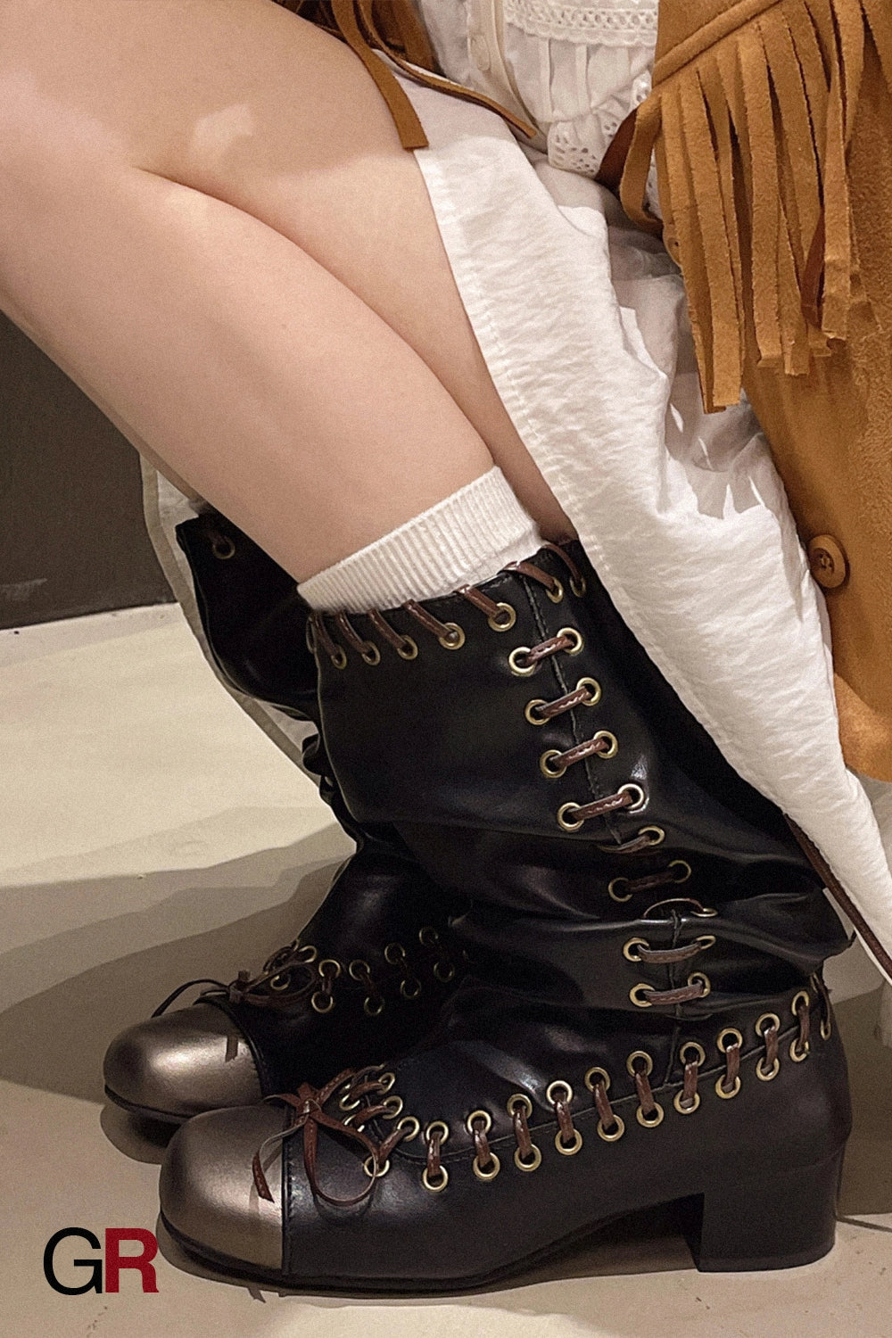 Ladies Bow Lace-up Woven Knee-high Boots