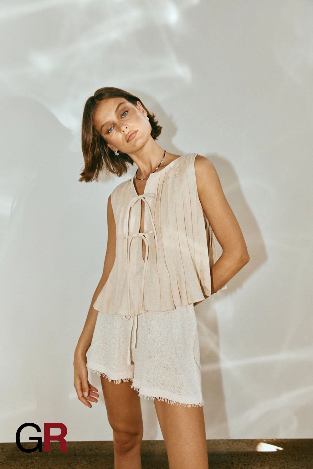 Serene Lace-Up Beige Cotton-Linen Shirt - GlamoROZ