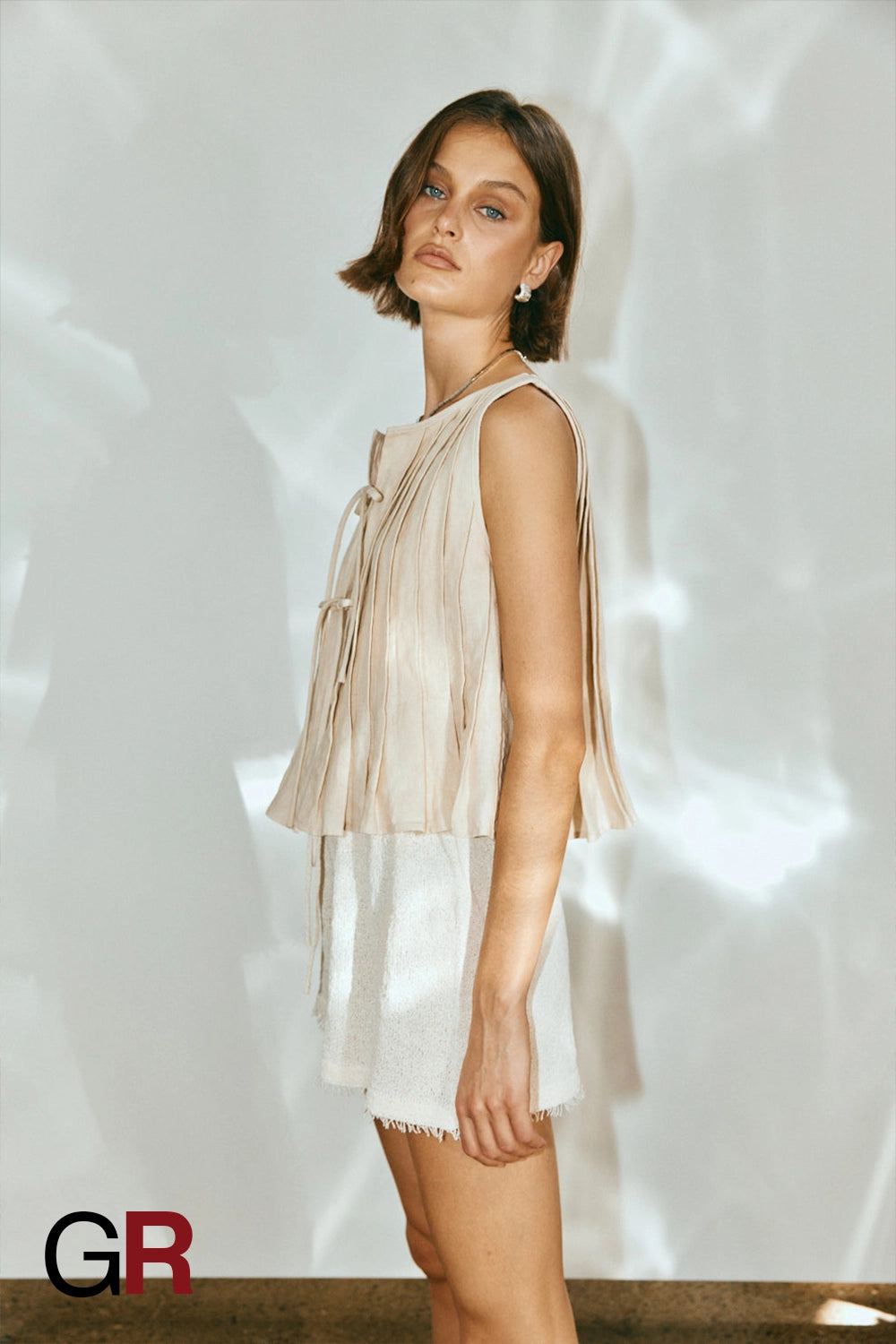 Serene Lace-Up Beige Cotton-Linen Shirt - GlamoROZ